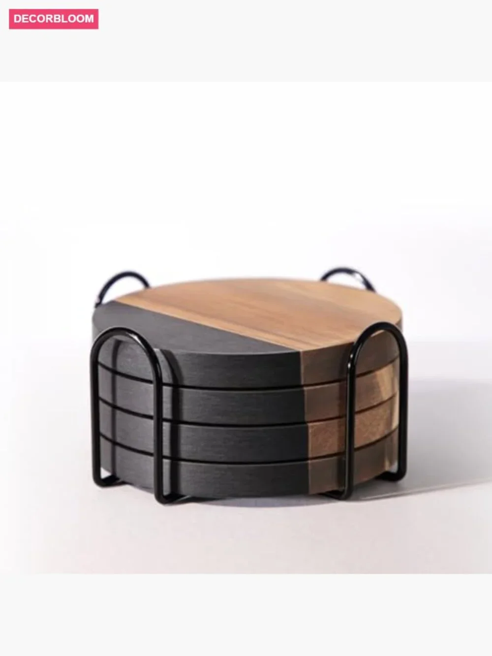 Set of 4 Acacia Wood Drink Coasters with Iron Holder